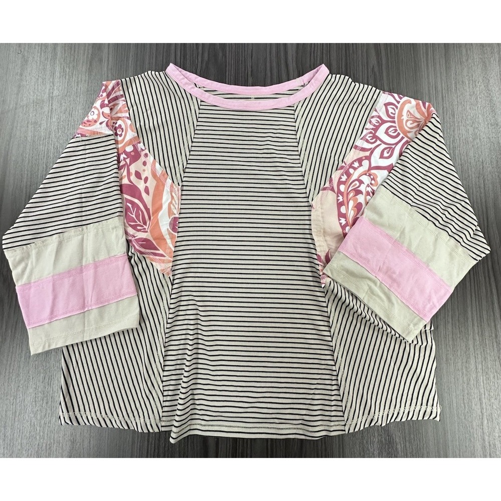 SHEIN CURVE Plus Shirt Women's 1XL Striped Floral Blouse Shirt Pink 3/4 sleeve